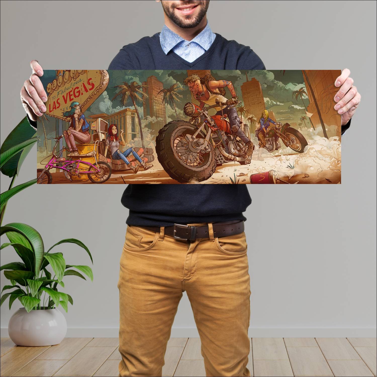 Cuadro grande 30x80cm Ilustracion Moto Las Vegas Arte Digital