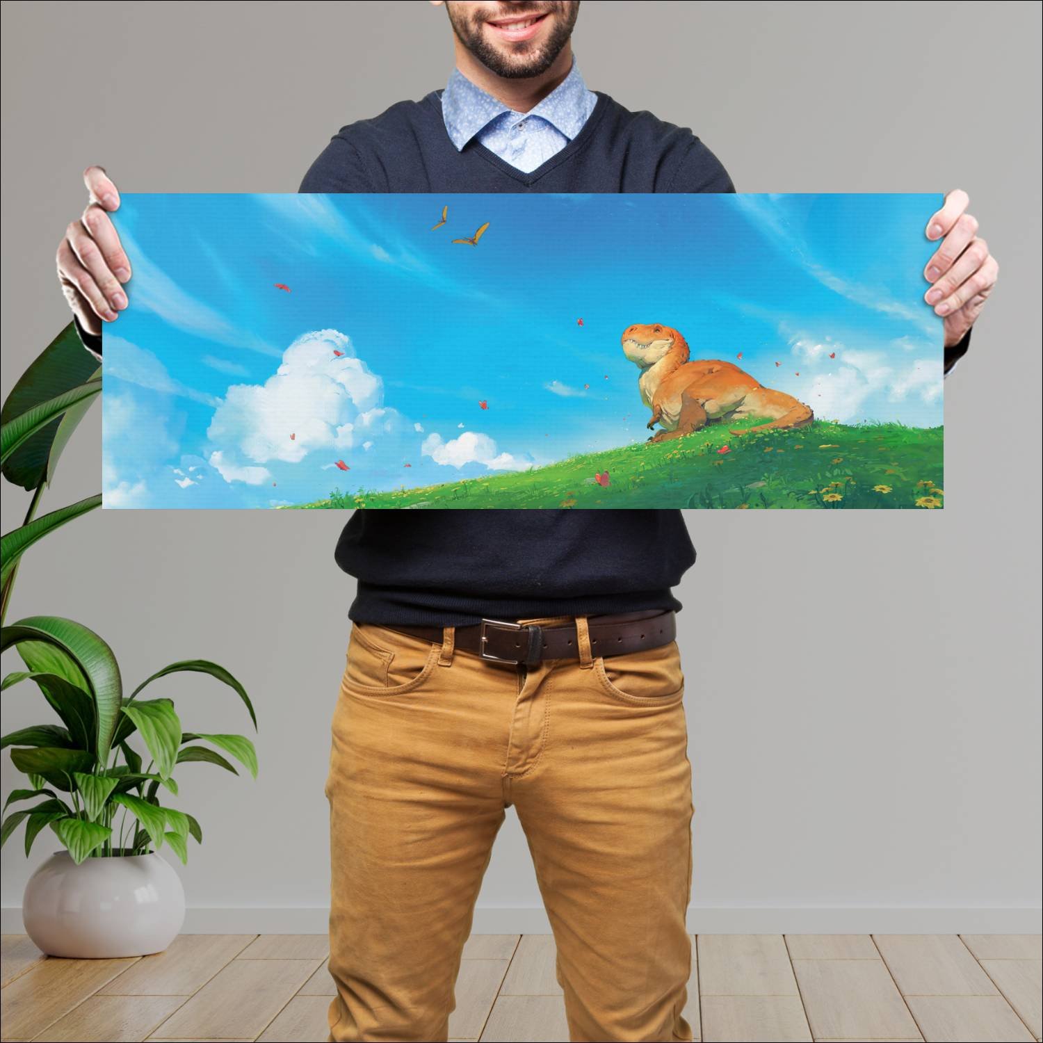 Cuadro grande 30x80cm Dinosaurio primavera Arte Digital