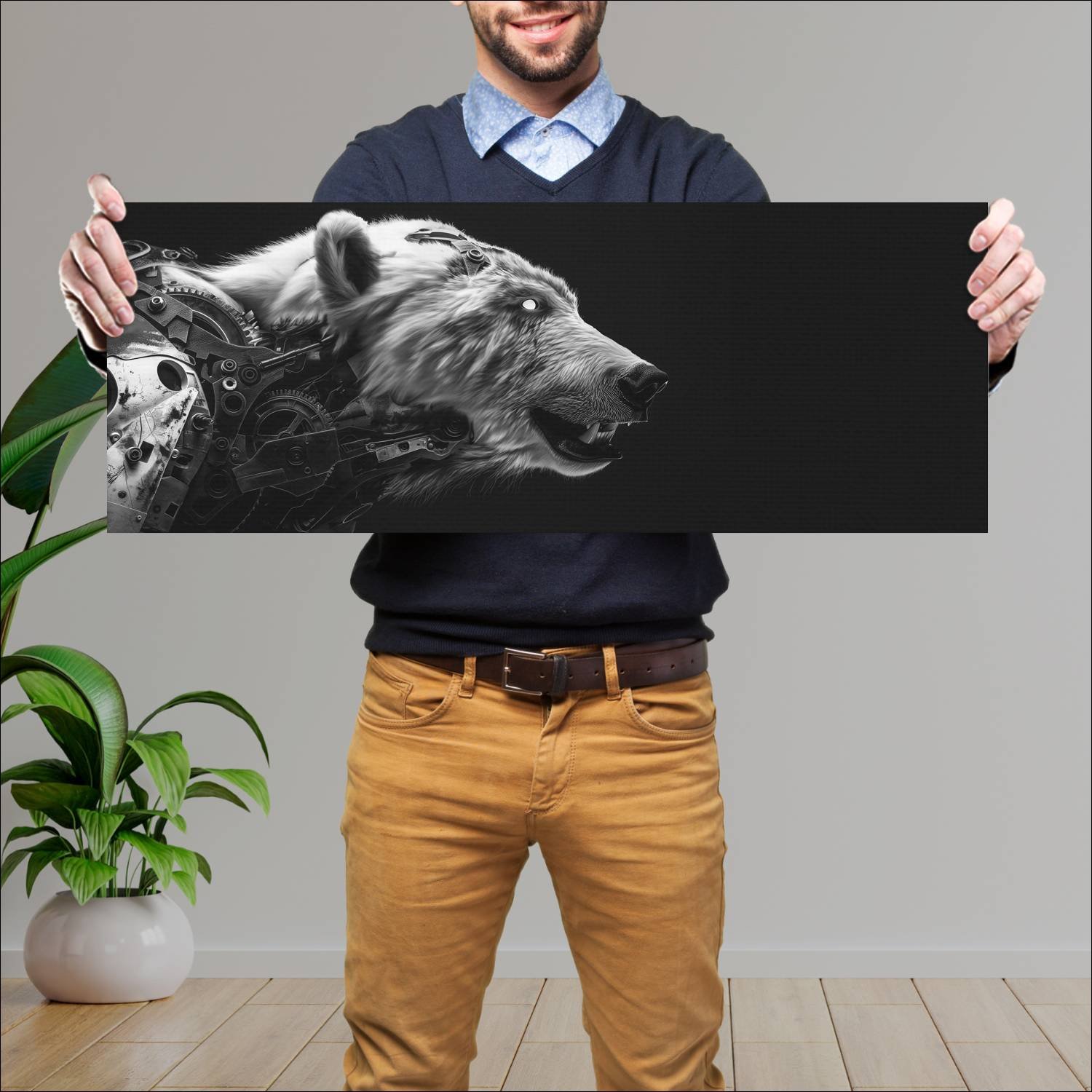 Cuadro grande 30x80cm Cyborg Animal Oso Arte Digital