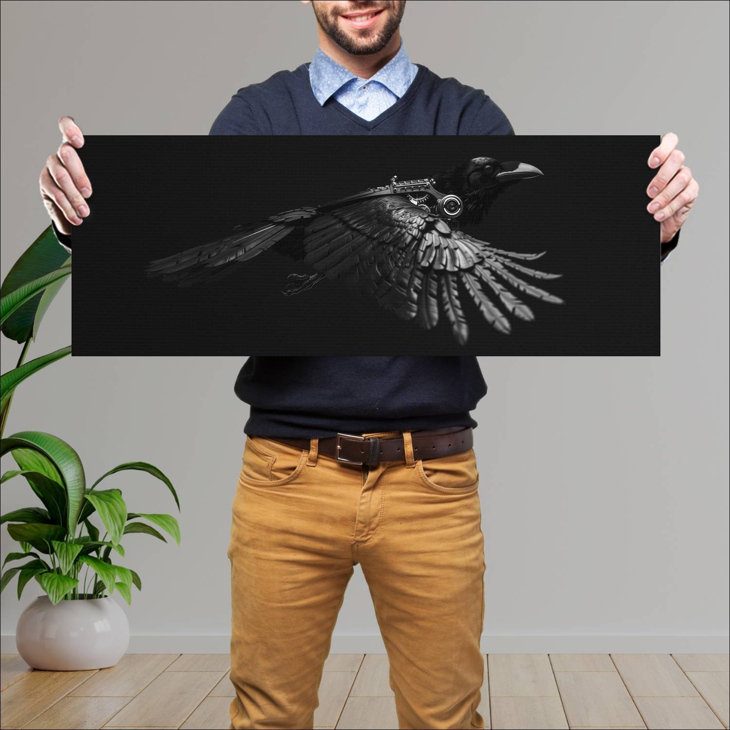Cuadro grande 30x80cm Cyborg Animal Cuervo Arte Digital