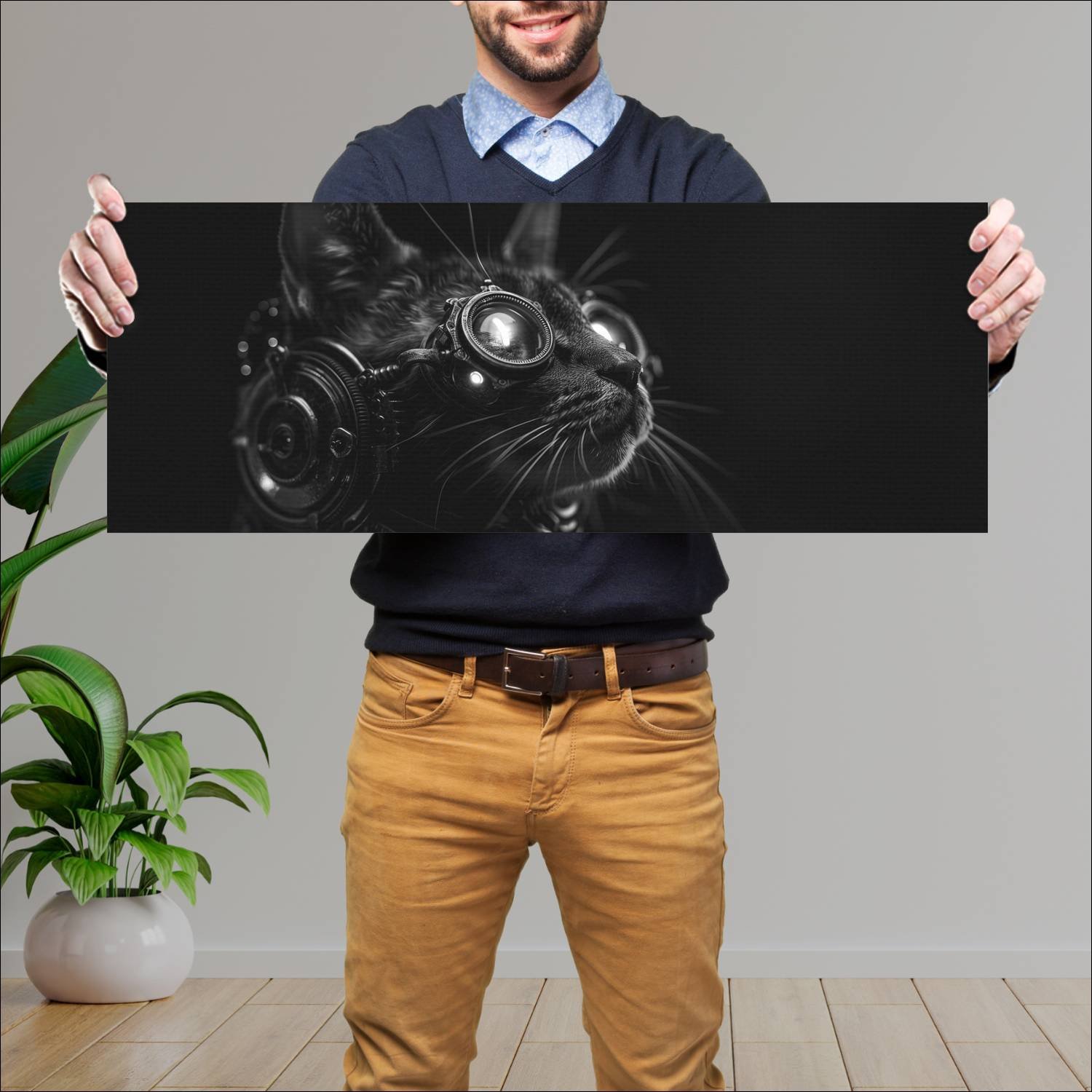 Cuadro grande 30x80cm Cyborg Animal gato Arte Digital