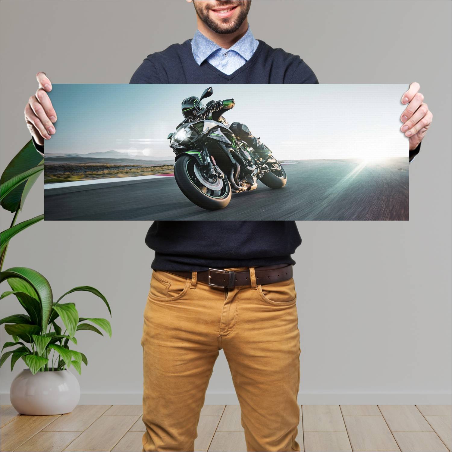 Cuadro grande 30x80cm kawasaki z h2 superbikes black Moto