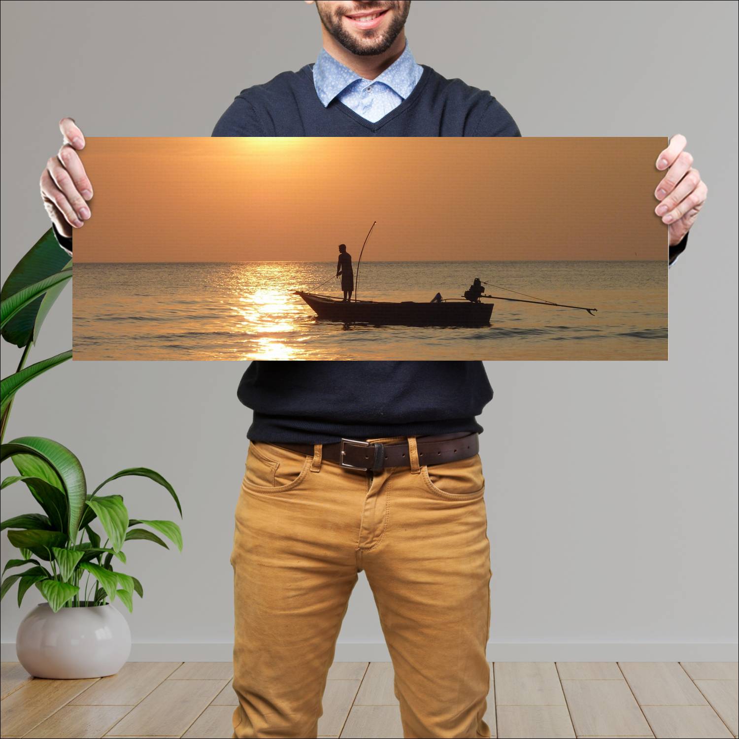 Cuadro grande 30x80cm Pescando al atardecer Diseño AN