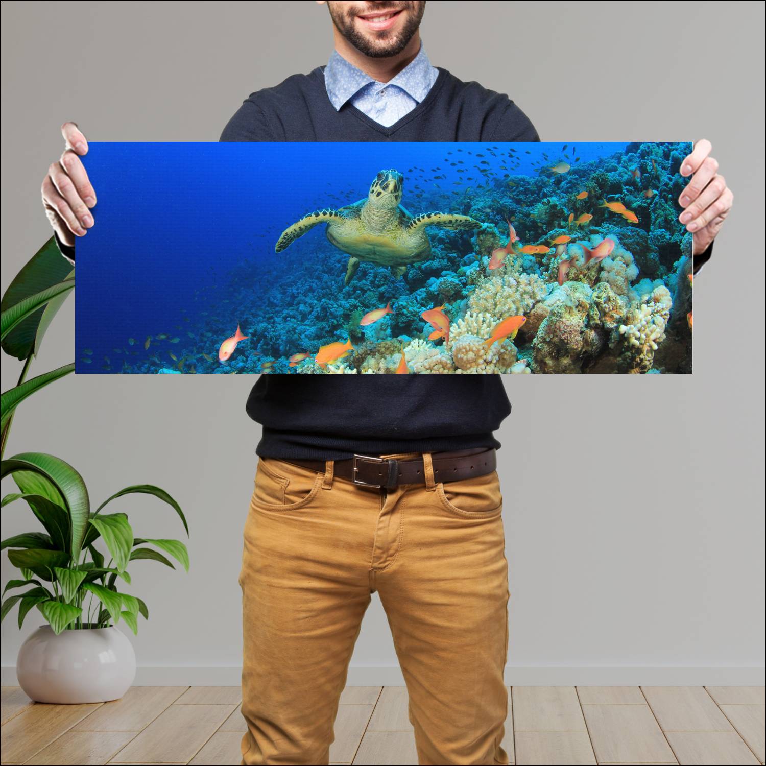 Cuadro grande 30x80cm Tortuga en el fondo del mar Diseño AN