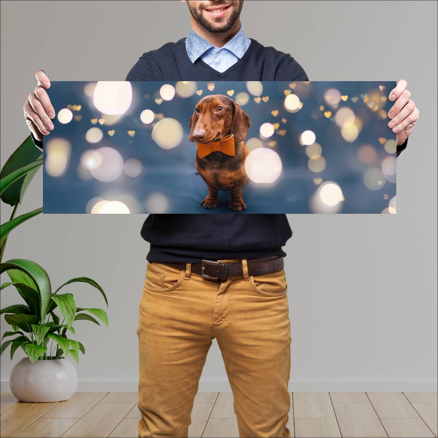 Cuadro grande 30x80cm Perro Salchicha Moño Naturaleza Perro