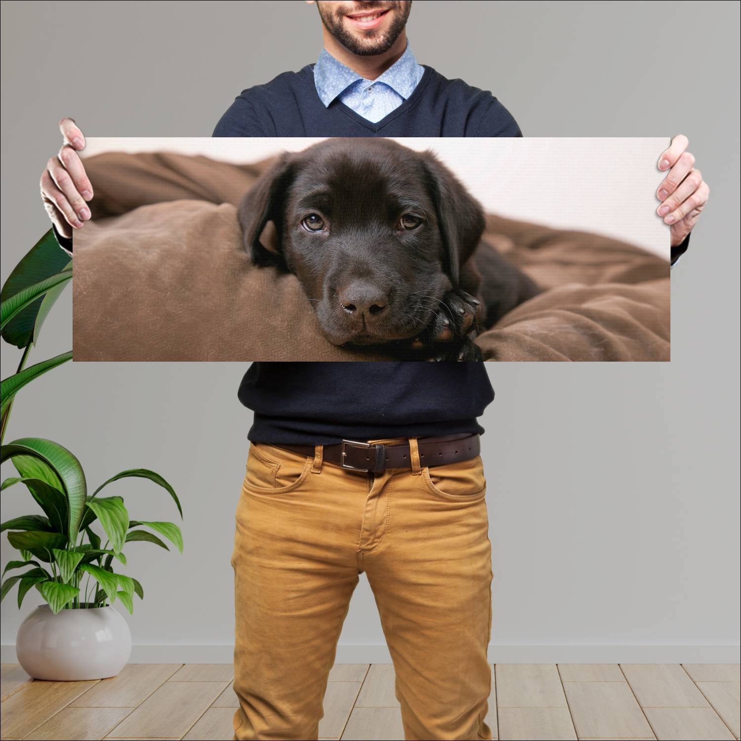 Cuadro grande 30x80cm Labrador Negro Cachorro Naturaleza Perro
