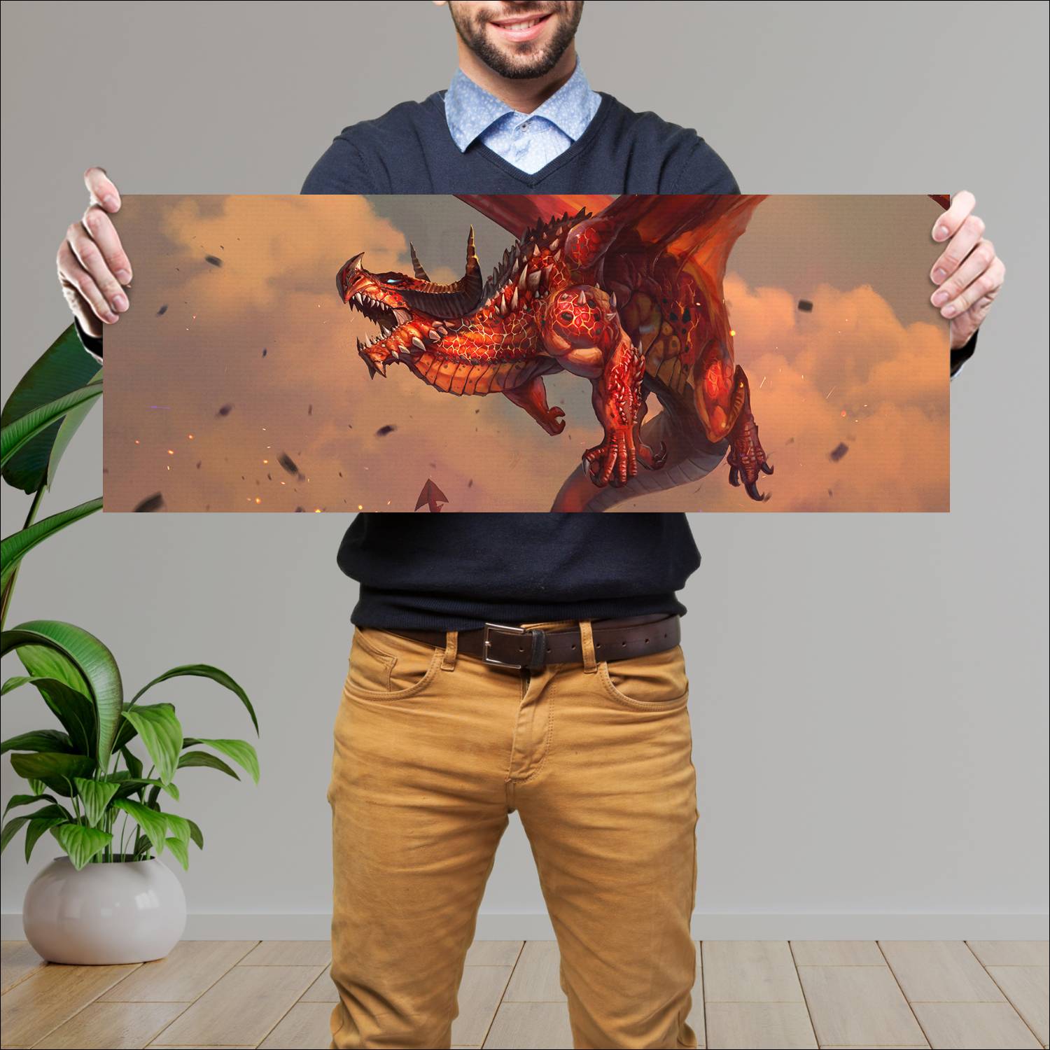 Cuadro grande 30x80cm Dragon Rojo Volando Dragones