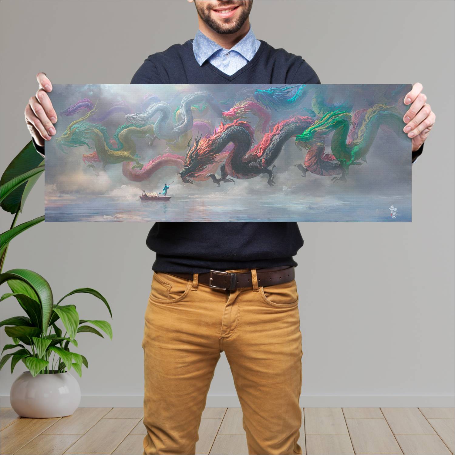 Cuadro grande 30x80cm Dragones Lago Dragones