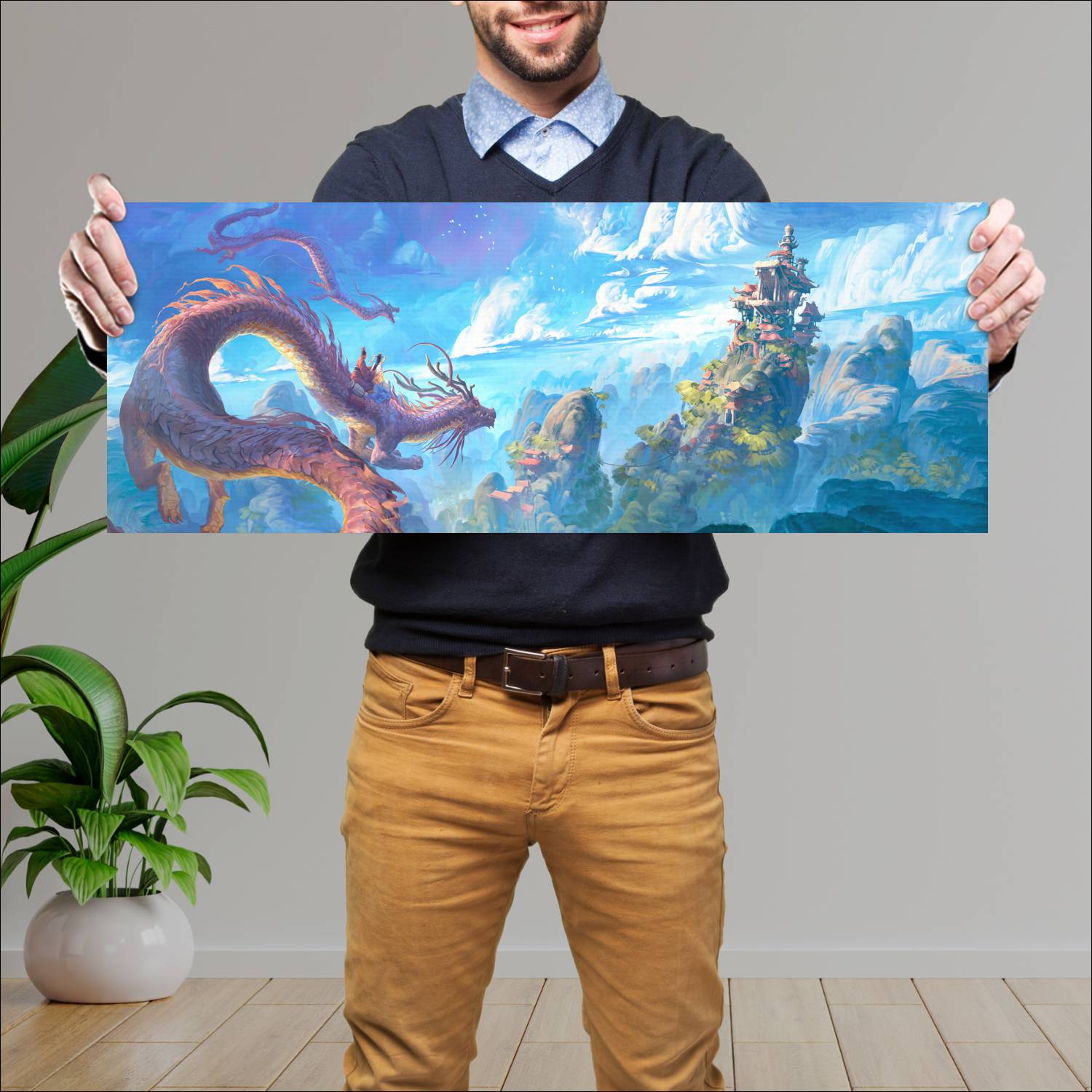 Cuadro grande 30x80cm Dragones Cielo Celeste Dragones