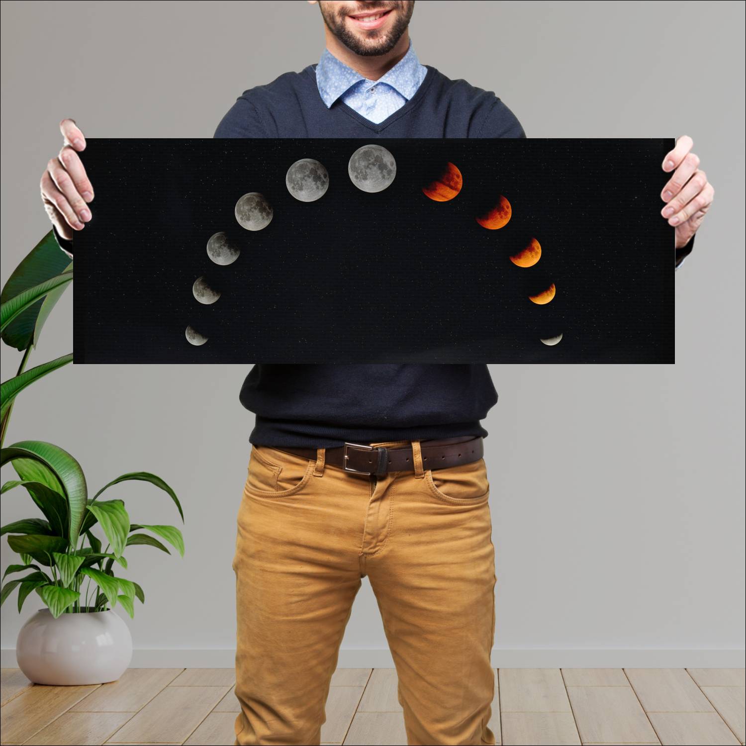 Cuadro grande 30x80cm Fases de luna blanca naranja horizontal Espacio