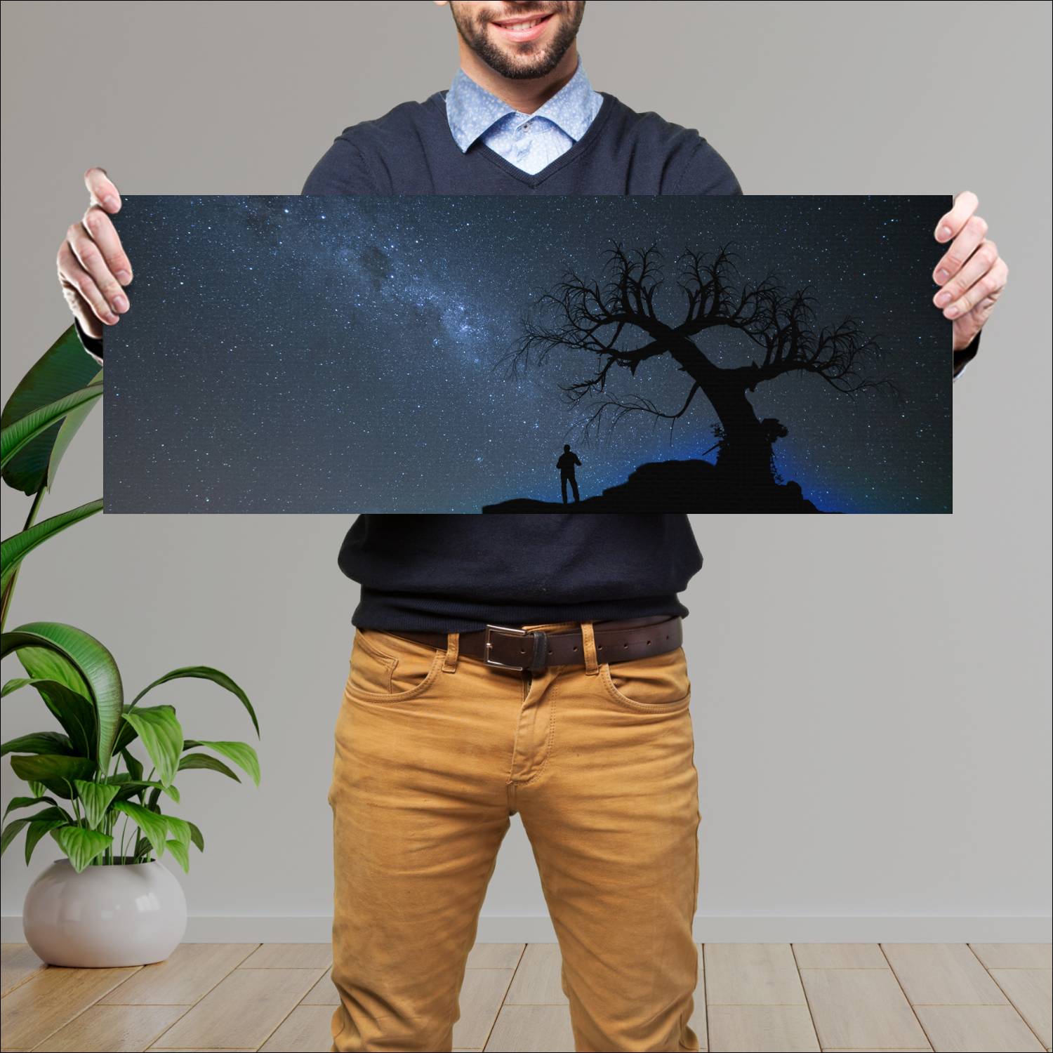 Cuadro grande 30x80cm Hobre arbol cielo estrellado Espacio