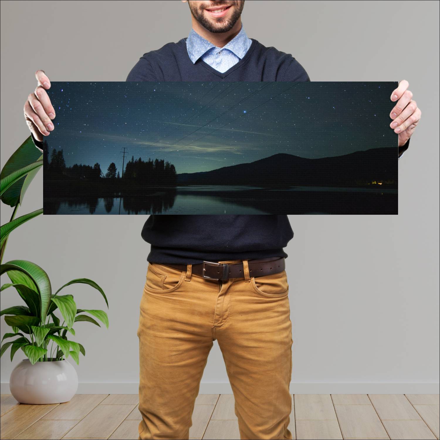 Cuadro grande 30x80cm Lago montañas y estrellas Espacio