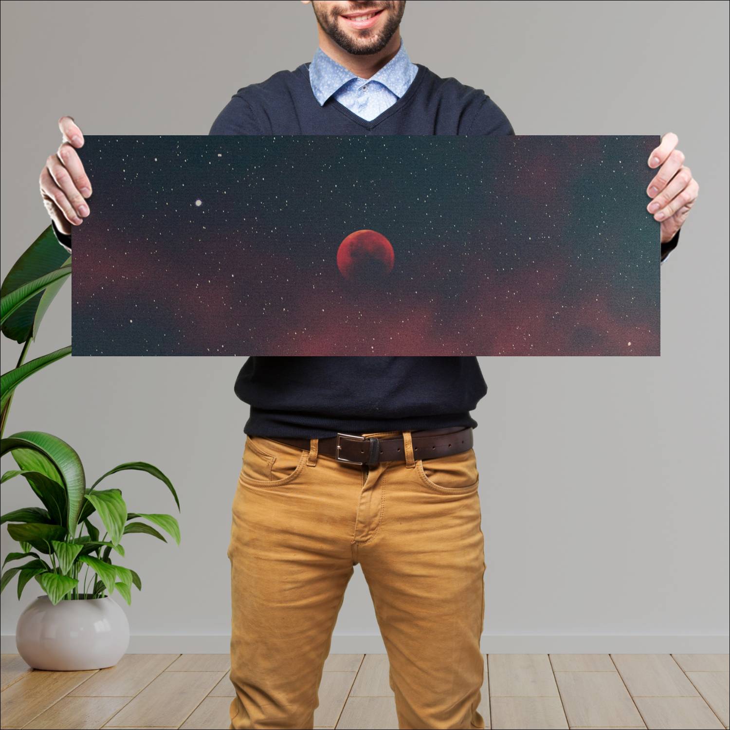 Cuadro grande 30x80cm Luna naranja estrellada Espacio
