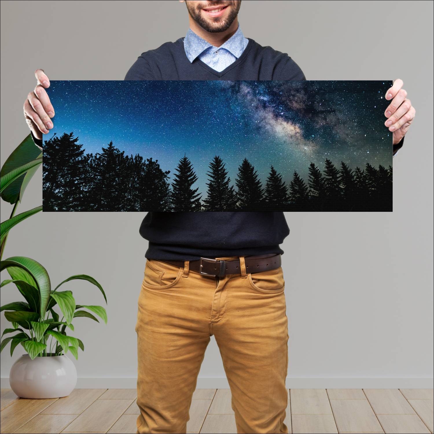 Cuadro grande 30x80cm Pinos noche y estrellas Espacio