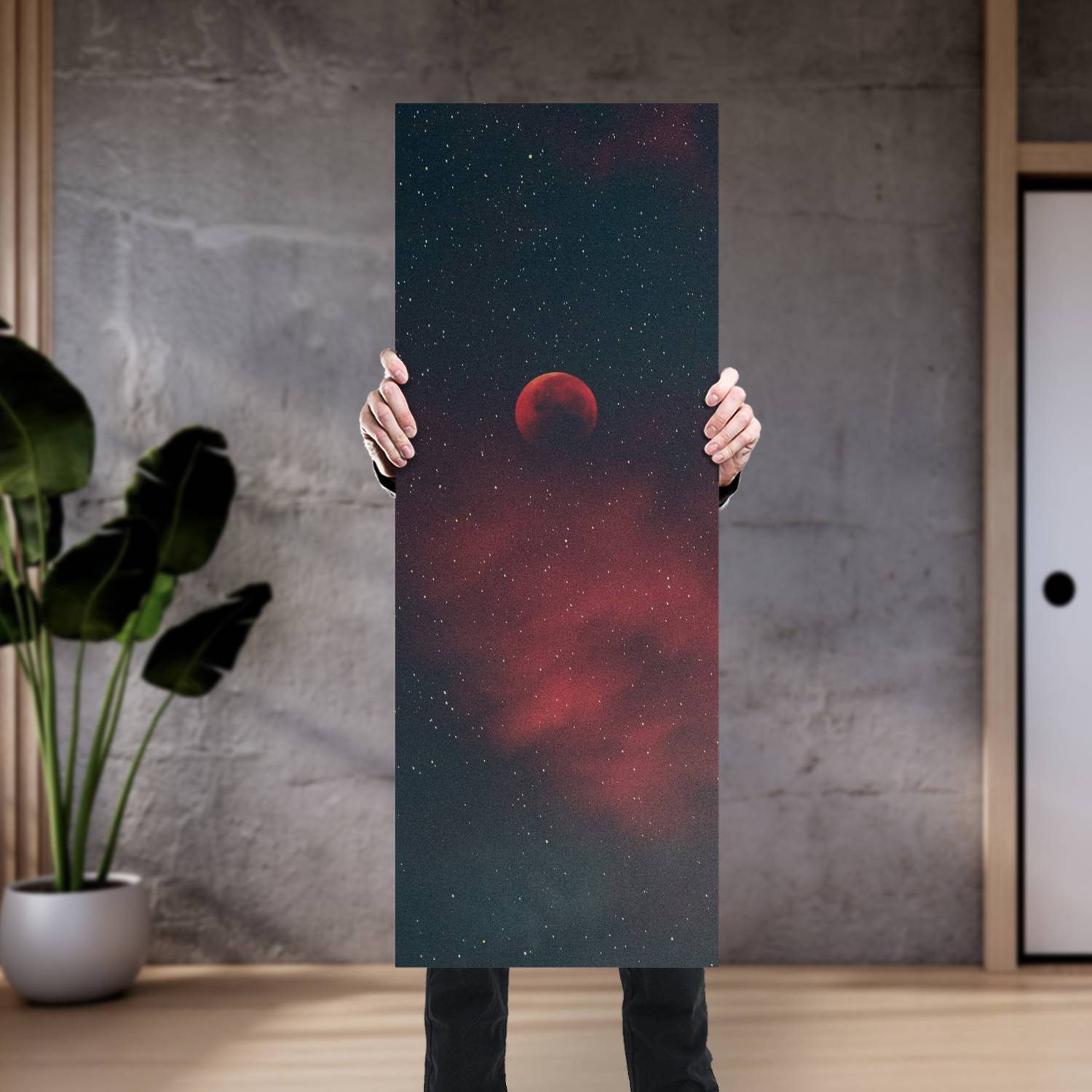 Cuadro grande 30x80cm Luna naranja estrellada vertical Espacio